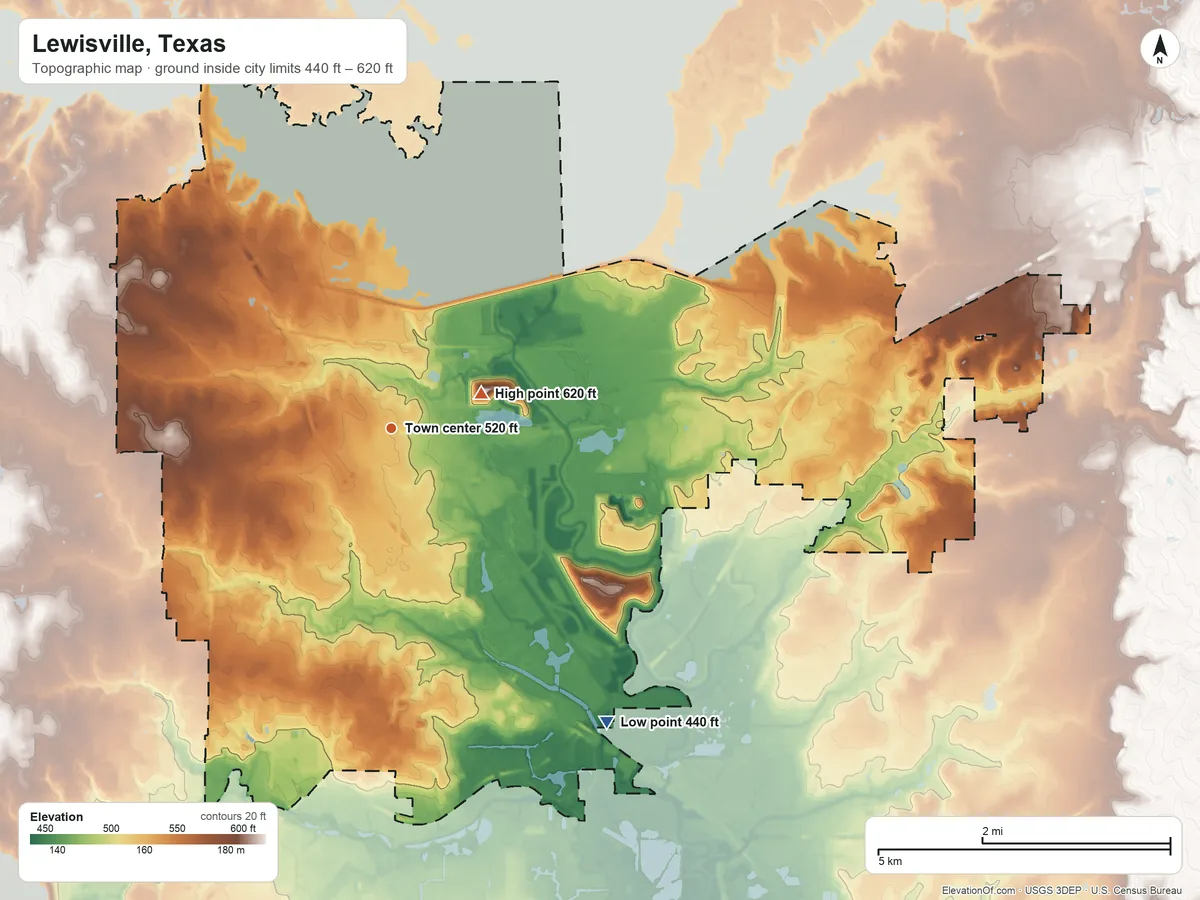 Topographic elevation map of Lewisville, Texas, shaded from 440 ft on the southeast side to 620 ft near the middle