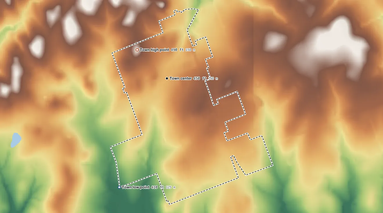Topographic elevation map of Lexington, Texas, shaded from 410 ft on the southwest side to 490 ft on the northwest side