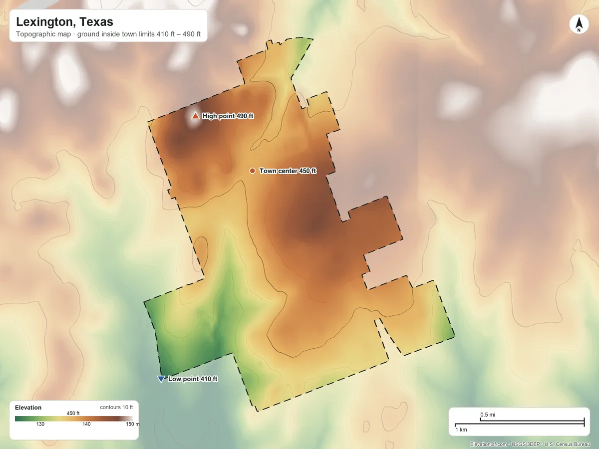 Topographic elevation map of Lexington, Texas, shaded from 410 ft on the southwest side to 490 ft on the northwest side