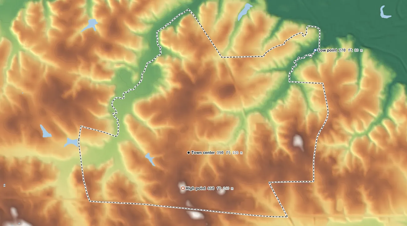 Topographic elevation map of Liberty City, Texas, shaded from 270 ft on the northeast side to 460 ft on the south side