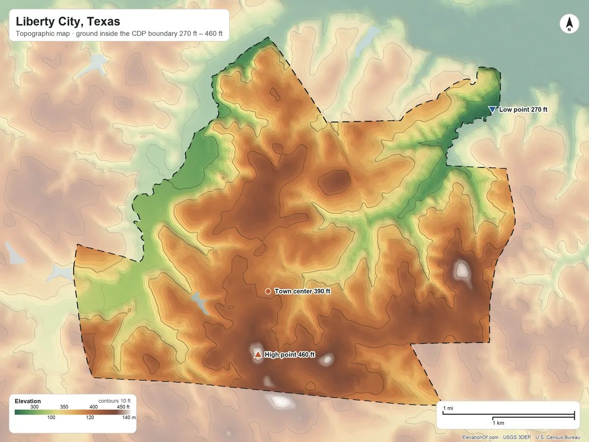 Topographic elevation map of Liberty City, Texas, shaded from 270 ft on the northeast side to 460 ft on the south side