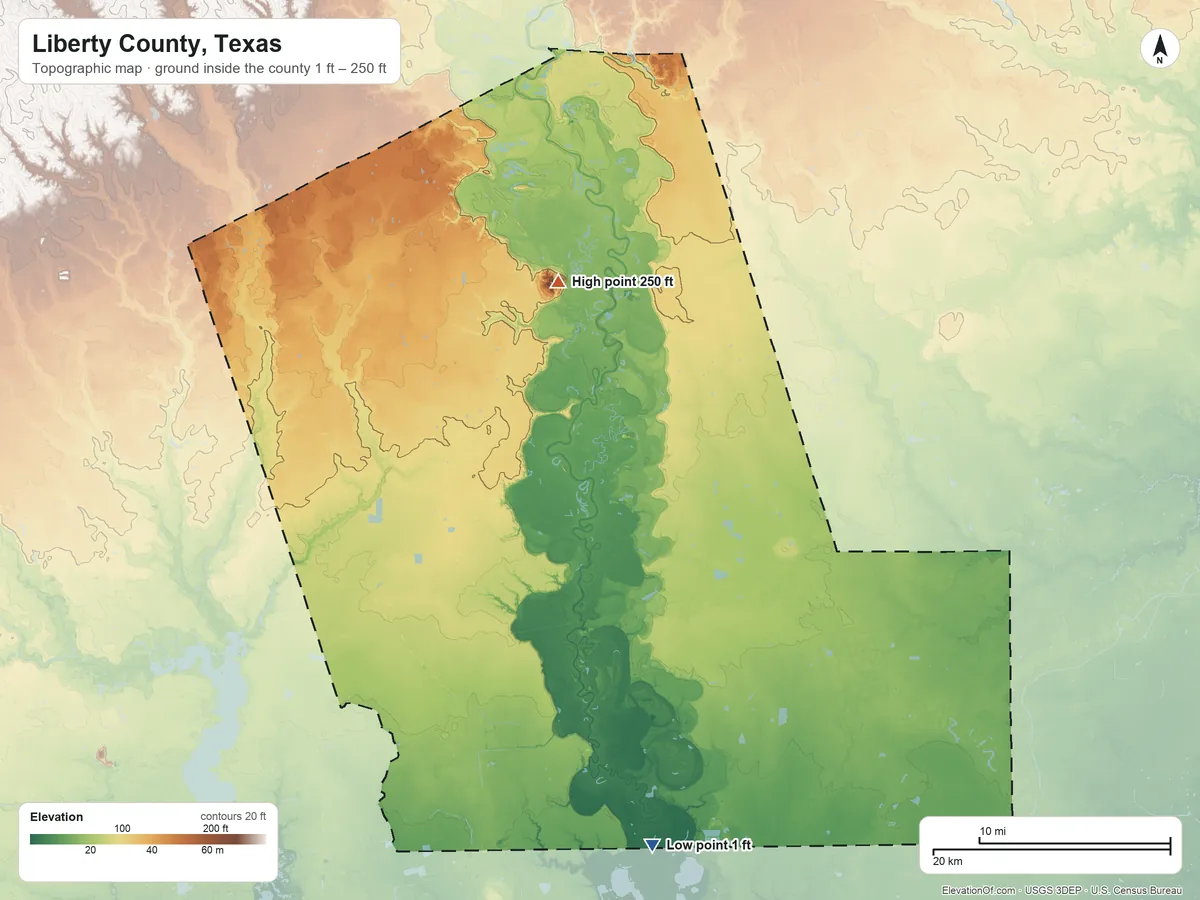 Topographic elevation map of Liberty County, Texas, shaded from 1 ft on the south side to 250 ft on Davis Hill