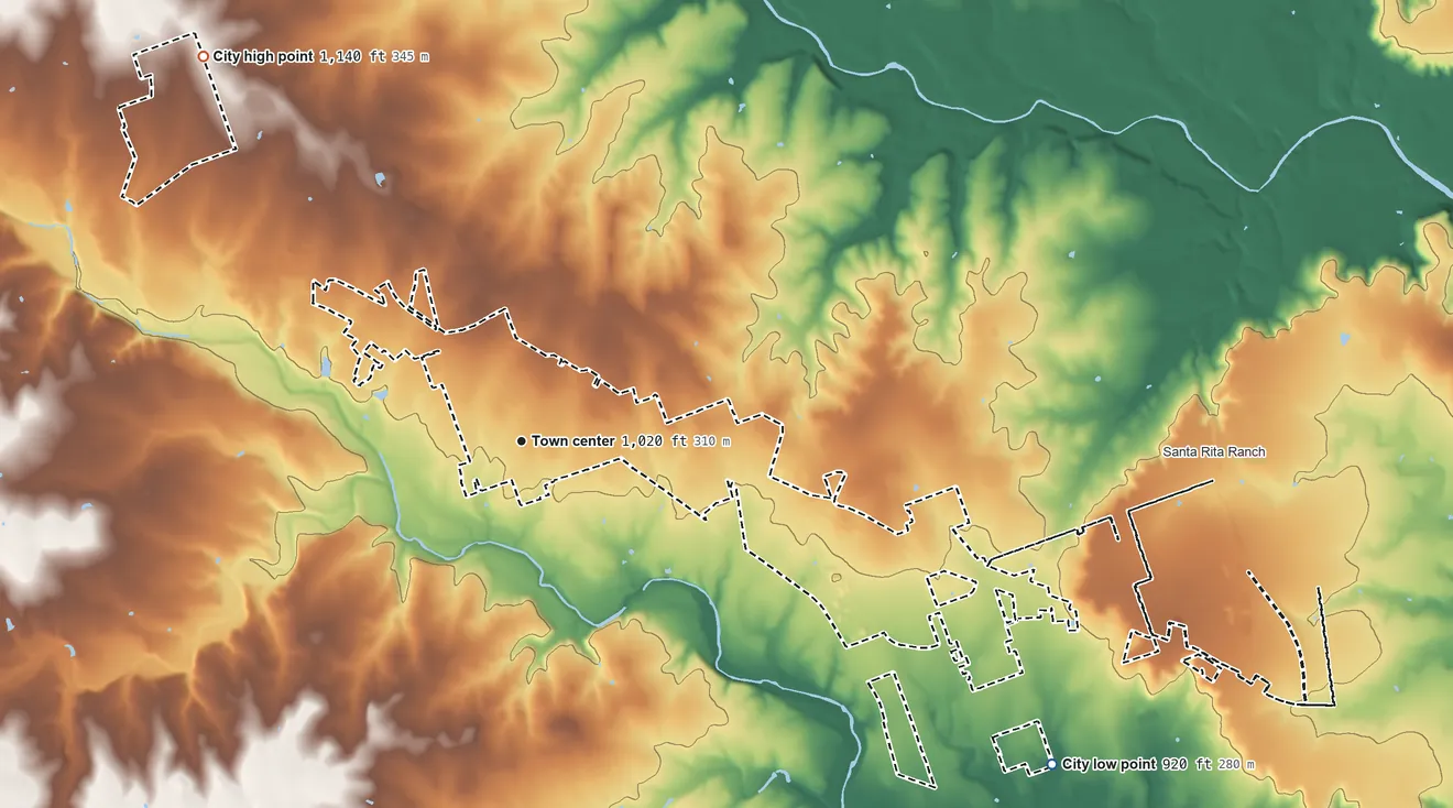 Topographic elevation map of Liberty Hill, Texas, shaded from 920 ft on the southeast side to 1,140 ft on the northwest side