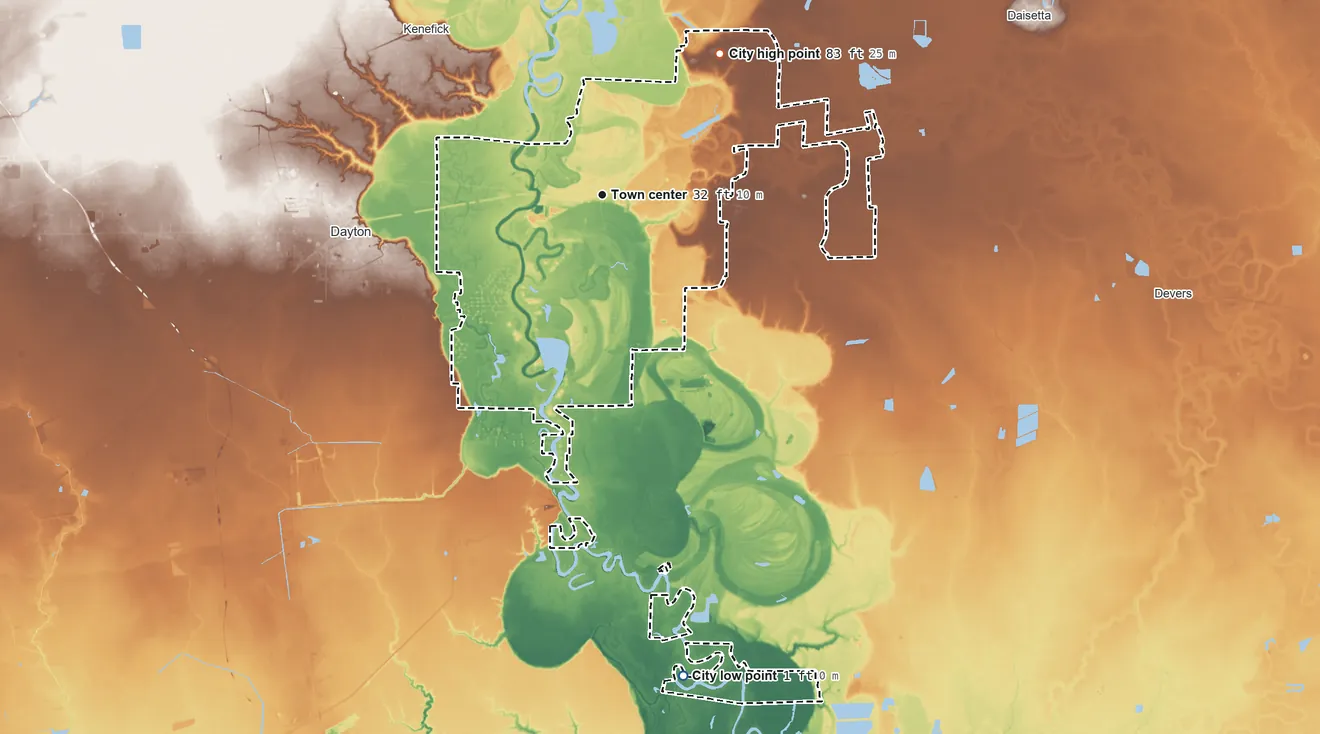 Topographic elevation map of Liberty, Texas, shaded from 1 ft on the south side to 83 ft on the northeast side