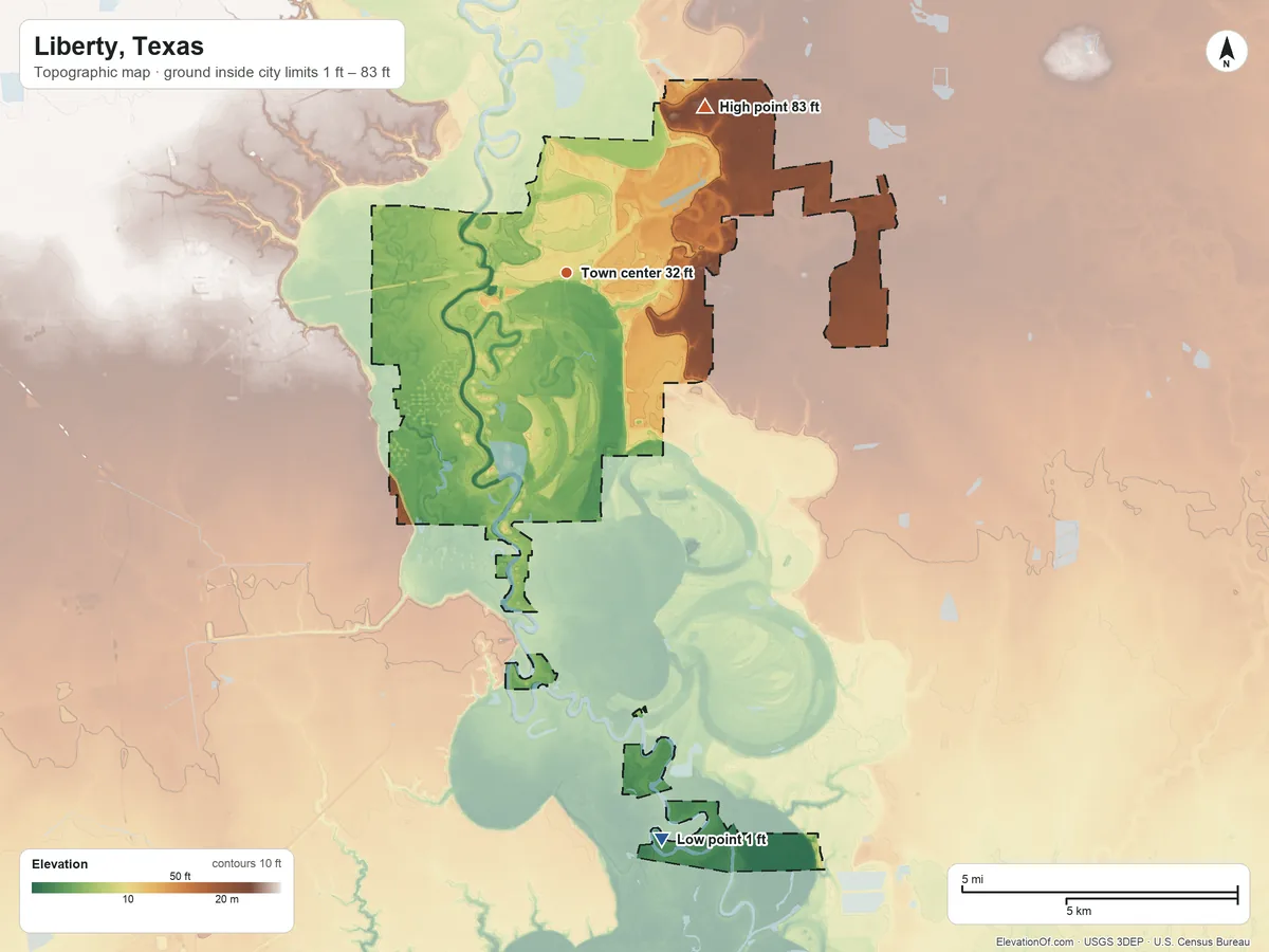 Topographic elevation map of Liberty, Texas, shaded from 1 ft on the south side to 83 ft on the northeast side