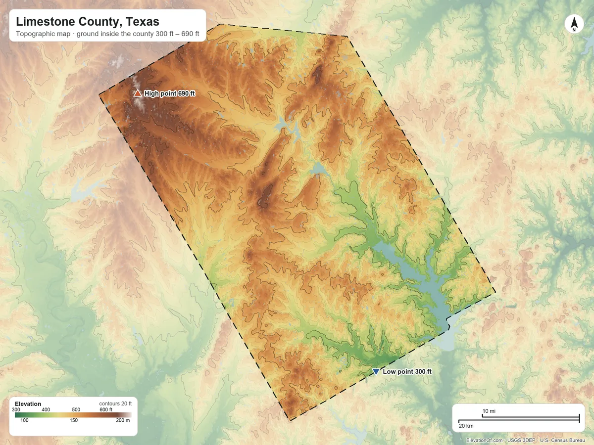 Topographic elevation map of Limestone County, Texas, shaded from 300 ft on the southeast side to 690 ft on the northwest side