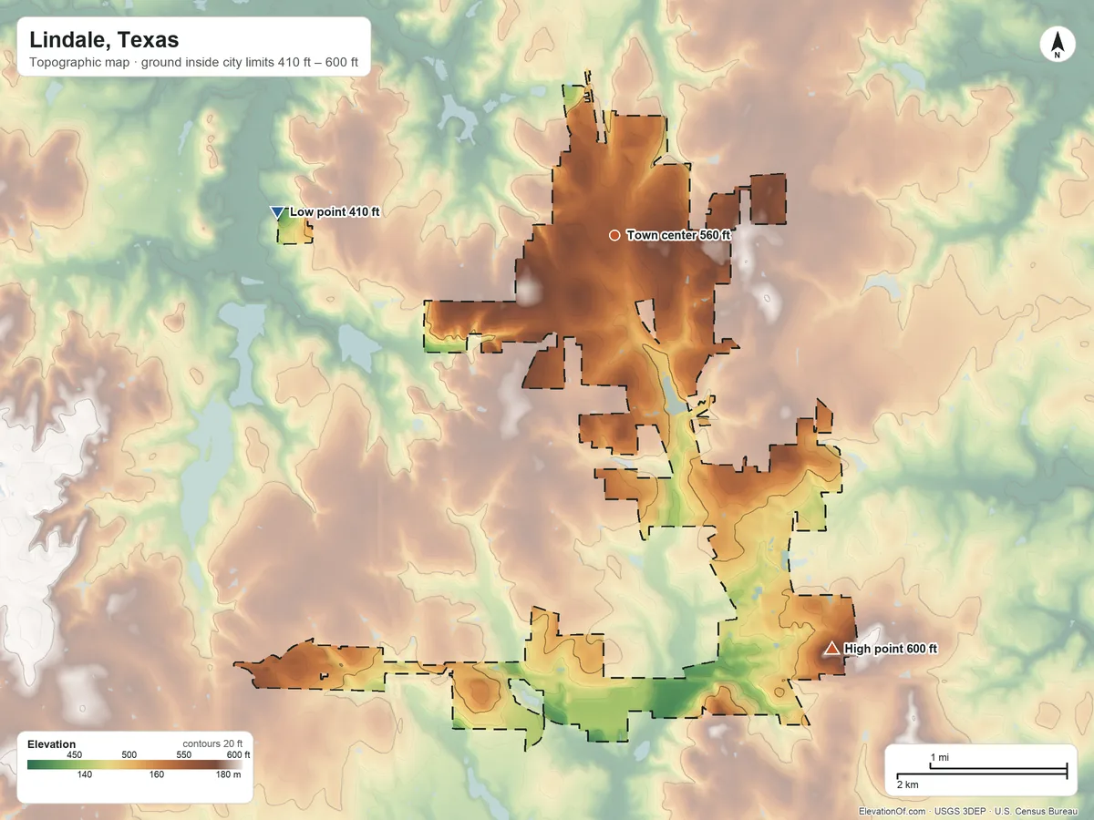 Topographic elevation map of Lindale, Texas, shaded from 410 ft on the west side to 600 ft on the southeast side