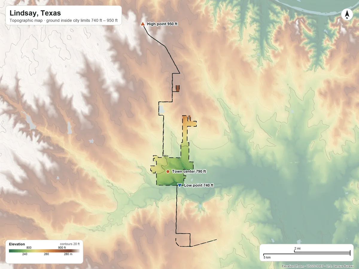 Topographic elevation map of Lindsay, Texas, shaded from 740 ft near the middle to 950 ft on the north side