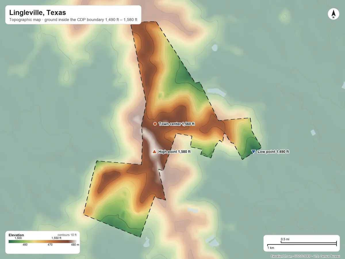 Topographic elevation map of Lingleville, Texas, shaded from 1,490 ft on the east side to 1,580 ft near the middle