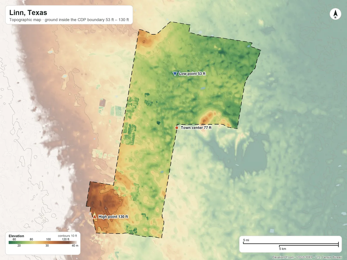 Topographic elevation map of Linn, Texas, shaded from 53 ft on the north side to 130 ft on the southwest side