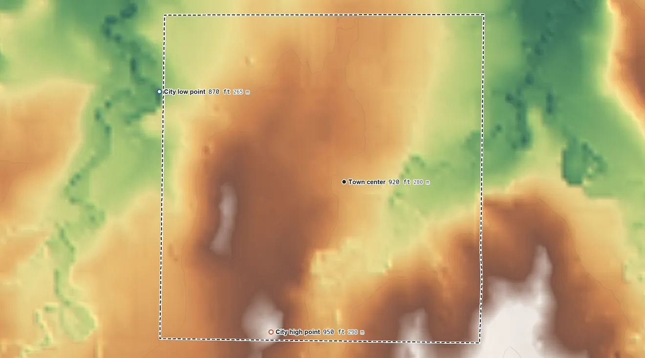 Topographic elevation map of Lipan, Texas, shaded from 870 ft on the northwest side to 950 ft on the southwest side