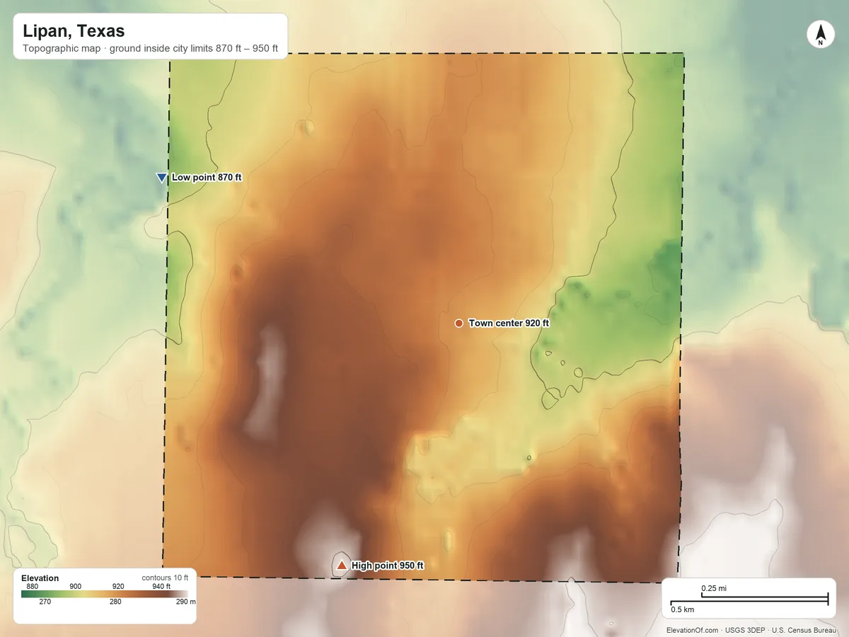 Topographic elevation map of Lipan, Texas, shaded from 870 ft on the northwest side to 950 ft on the southwest side