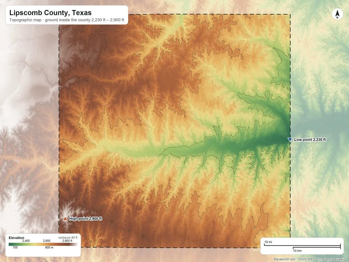 Topographic elevation map of Lipscomb County, Texas, shaded from 2,230 ft on the east side to 2,900 ft on the southwest side