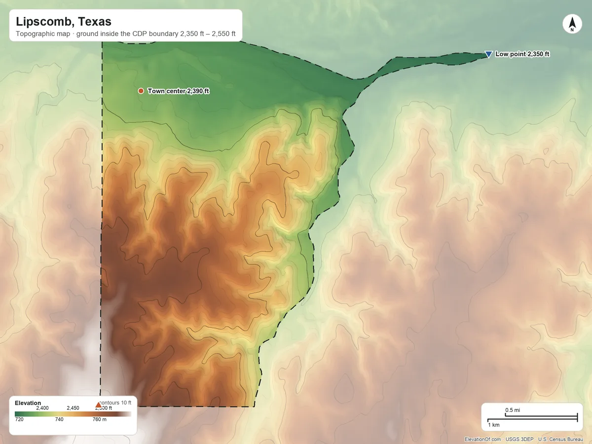 Topographic elevation map of Lipscomb, Texas, shaded from 2,350 ft on the east side to 2,550 ft on the south side