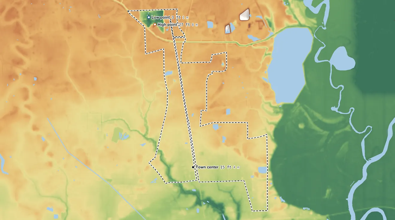 Topographic elevation map of Little Cypress, Texas, shaded from 3 ft on the north side to 27 ft on the north side