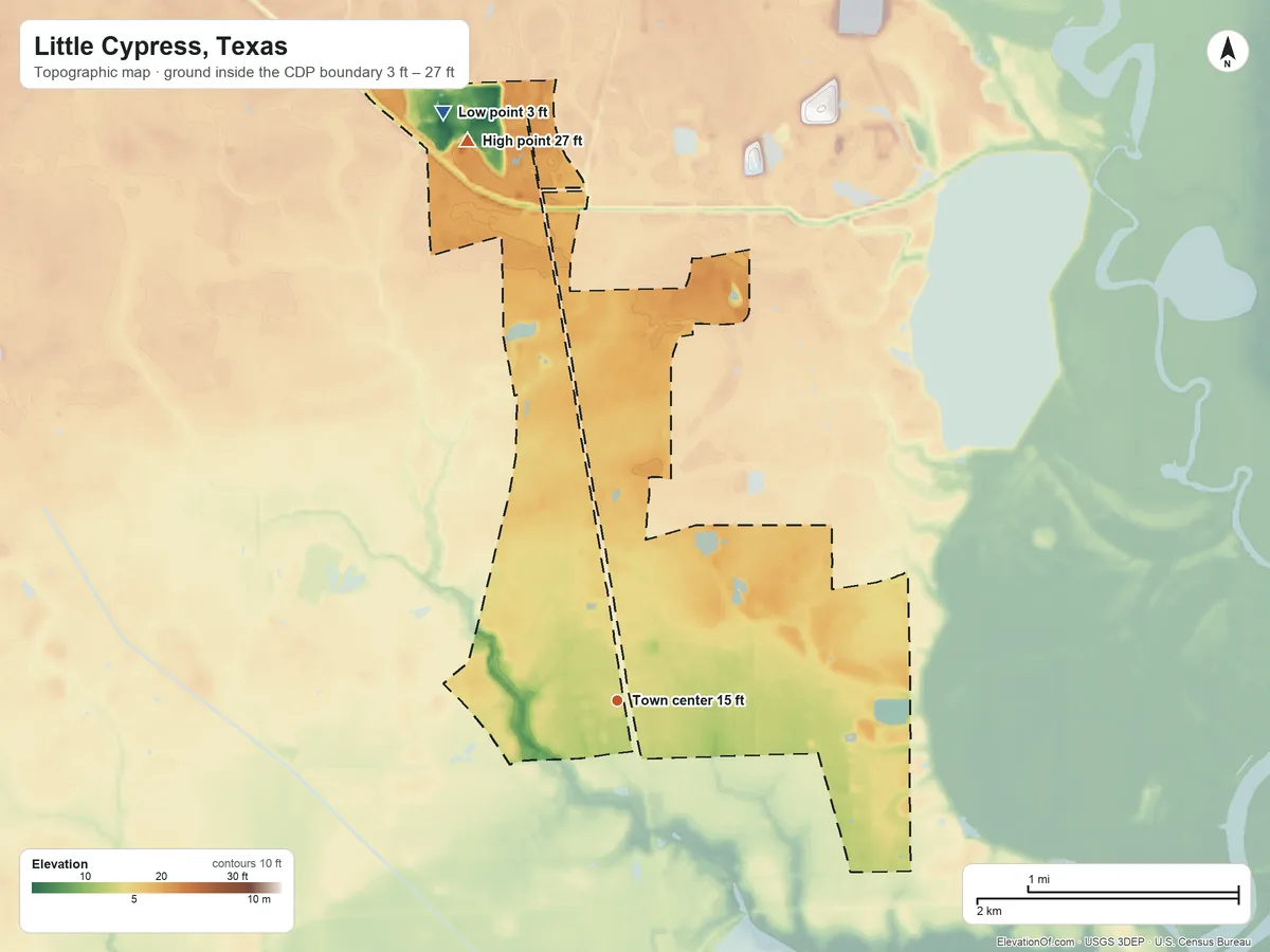 Topographic elevation map of Little Cypress, Texas, shaded from 3 ft on the north side to 27 ft on the north side