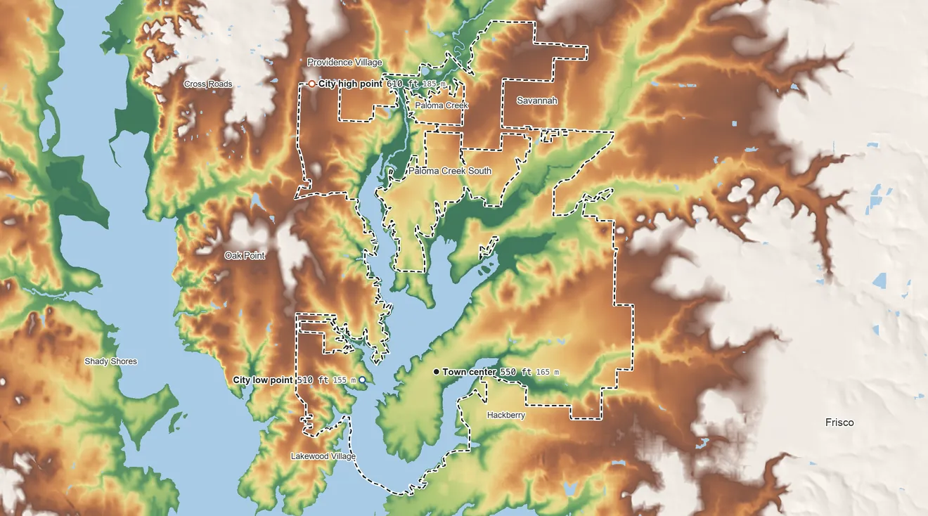 Topographic elevation map of Little Elm, Texas, shaded from 510 ft on the west side to 610 ft on the northwest side