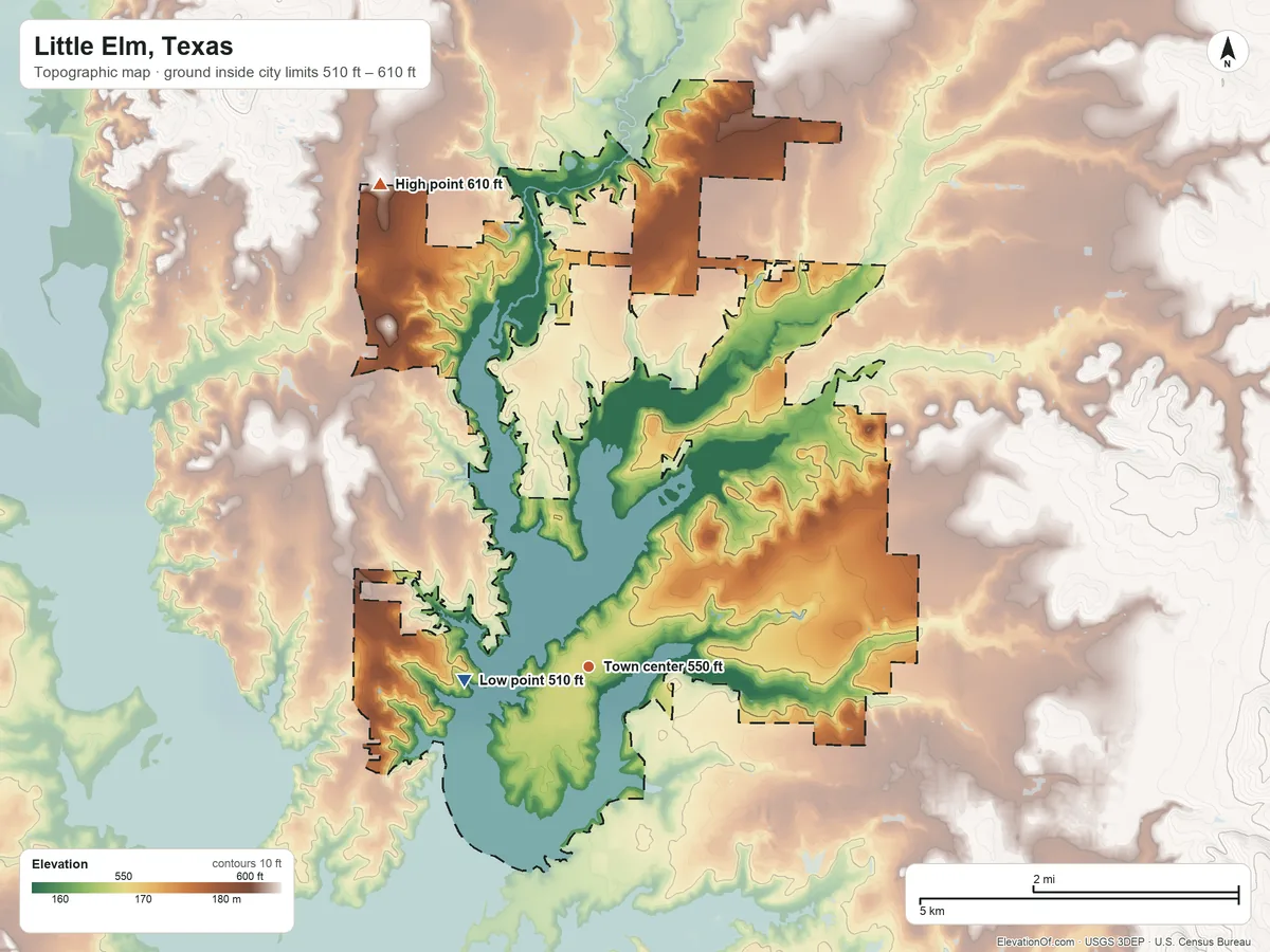 Topographic elevation map of Little Elm, Texas, shaded from 510 ft on the west side to 610 ft on the northwest side