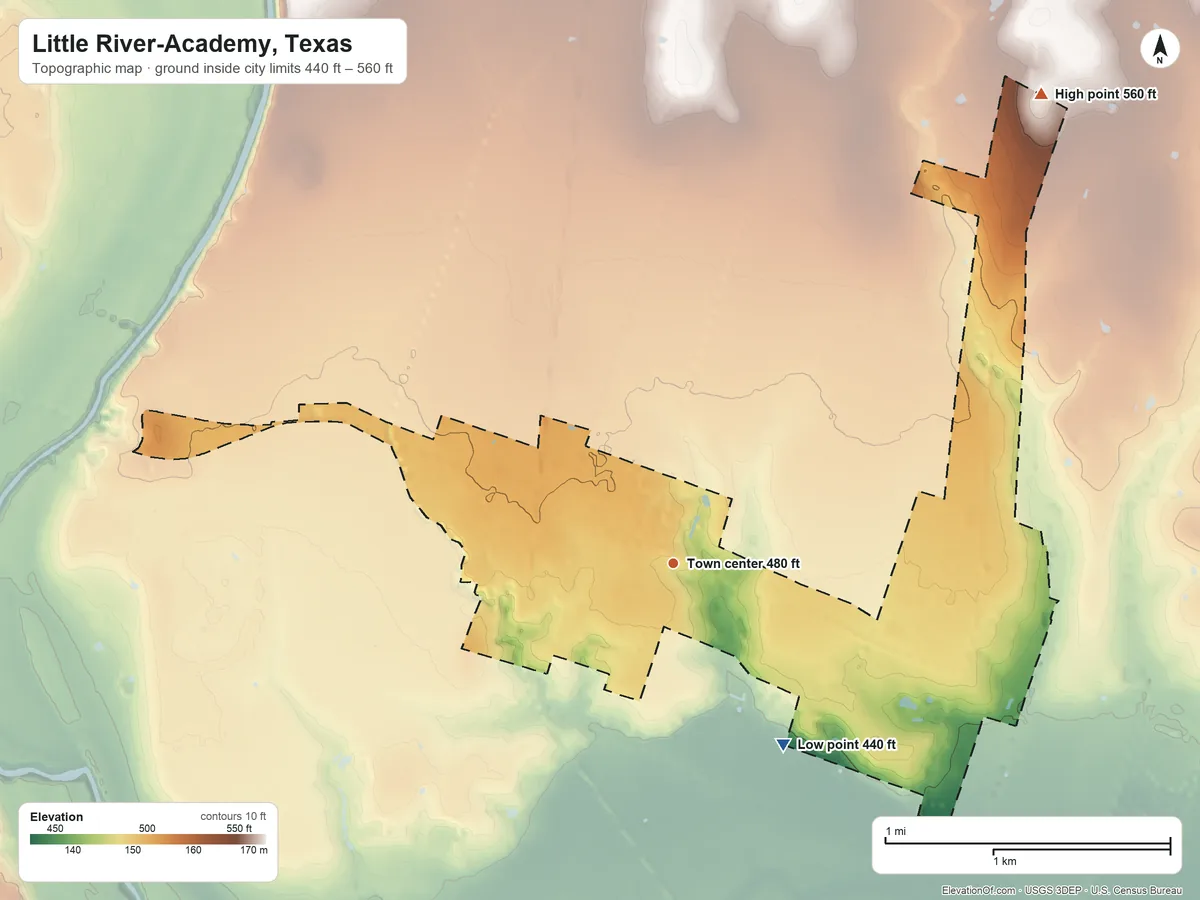 Topographic elevation map of Little River-Academy, Texas, shaded from 440 ft on the southeast side to 560 ft on the northeast side