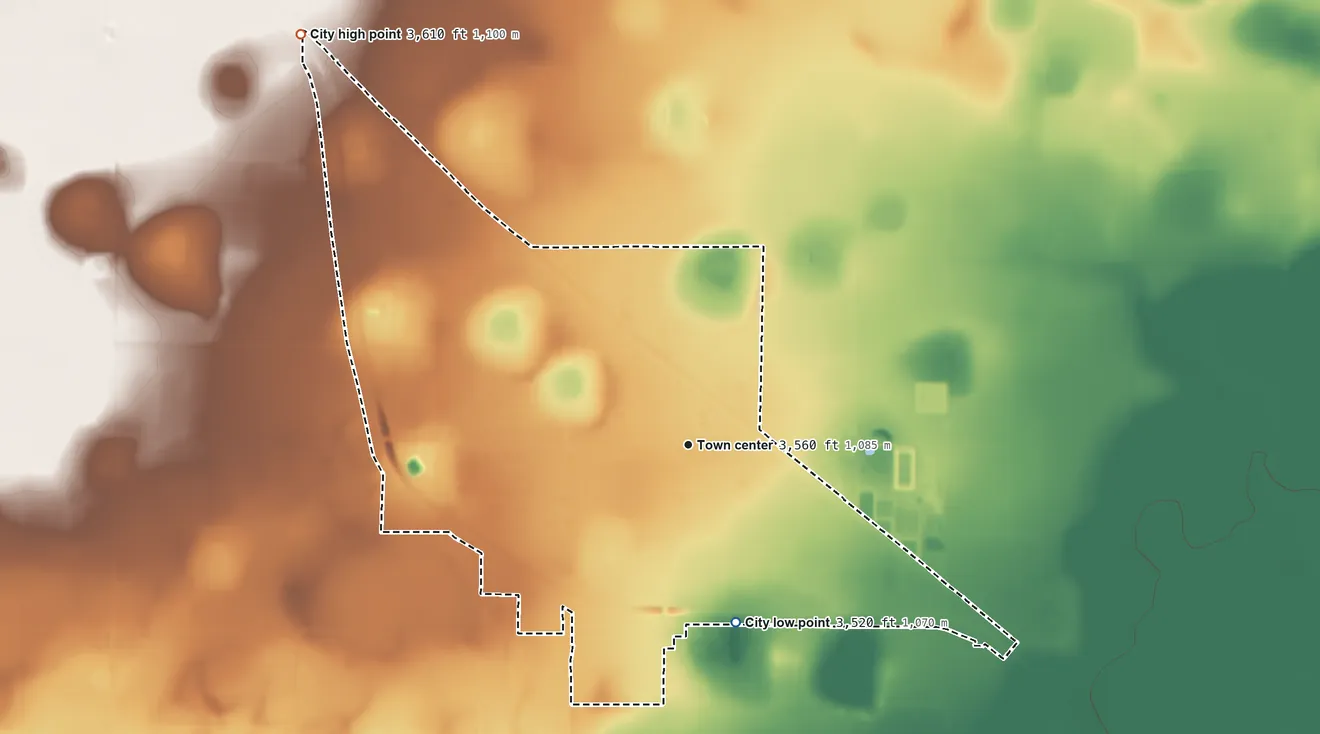 Topographic elevation map of Littlefield, Texas, shaded from 3,520 ft on the south side to 3,610 ft on the northwest side