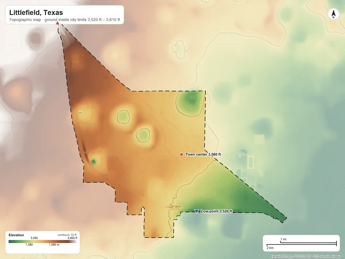 Topographic elevation map of Littlefield, Texas, shaded from 3,520 ft on the south side to 3,610 ft on the northwest side