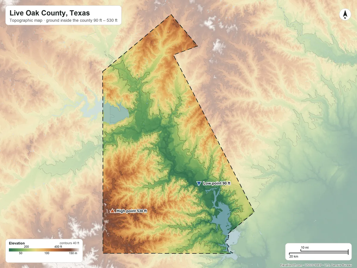 Topographic elevation map of Live Oak County, Texas, shaded from 90 ft on the southeast side to 530 ft on the southwest side