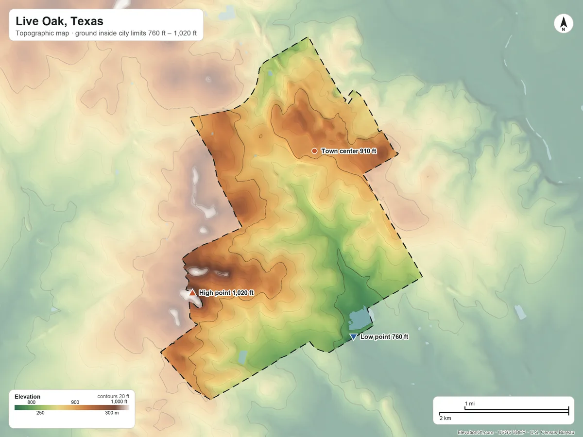 Topographic elevation map of Live Oak, Texas, shaded from 760 ft on the south side to 1,020 ft on the southwest side