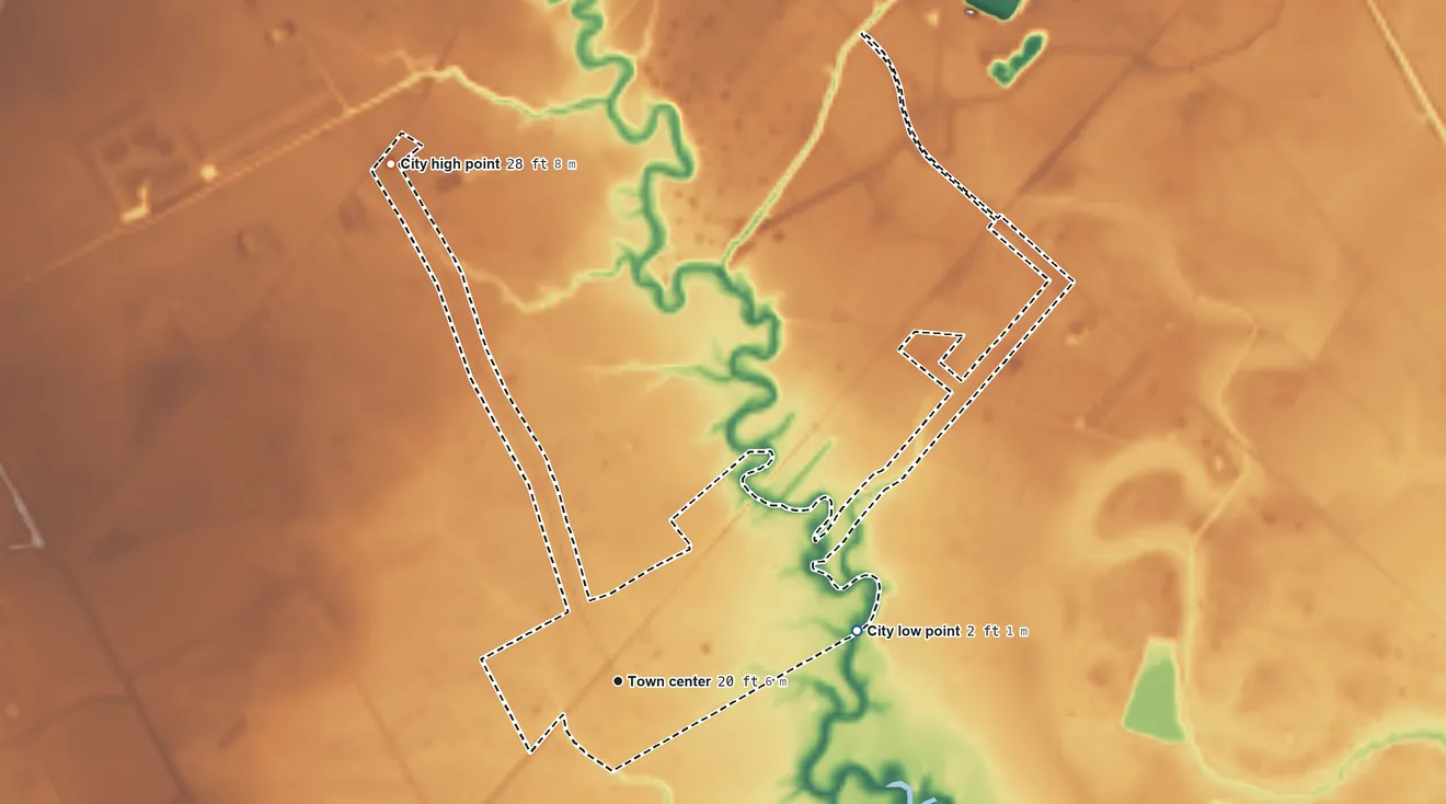 Topographic elevation map of Liverpool, Texas, shaded from 2 ft on the east side to 28 ft on the northwest side