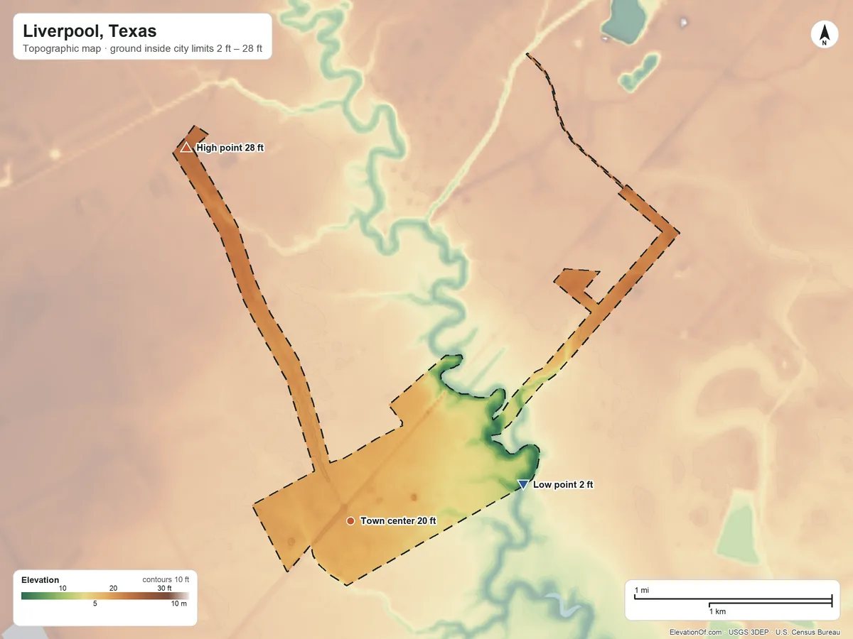 Topographic elevation map of Liverpool, Texas, shaded from 2 ft on the east side to 28 ft on the northwest side