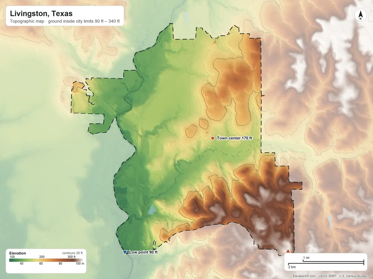 Topographic elevation map of Livingston, Texas, shaded from 90 ft on the southwest side to 340 ft on the southeast side