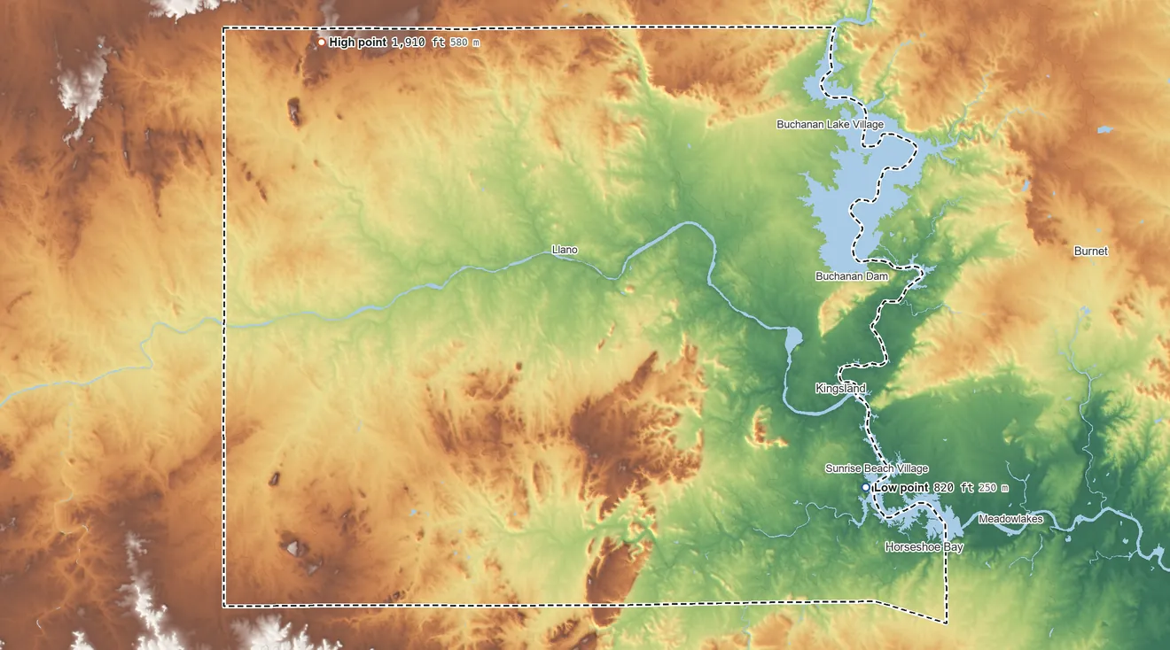 Topographic elevation map of Llano County, Texas, shaded from 820 ft on the southeast side to 1,910 ft on the northwest side