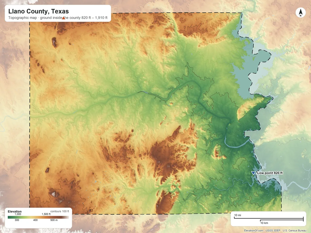 Topographic elevation map of Llano County, Texas, shaded from 820 ft on the southeast side to 1,910 ft on the northwest side