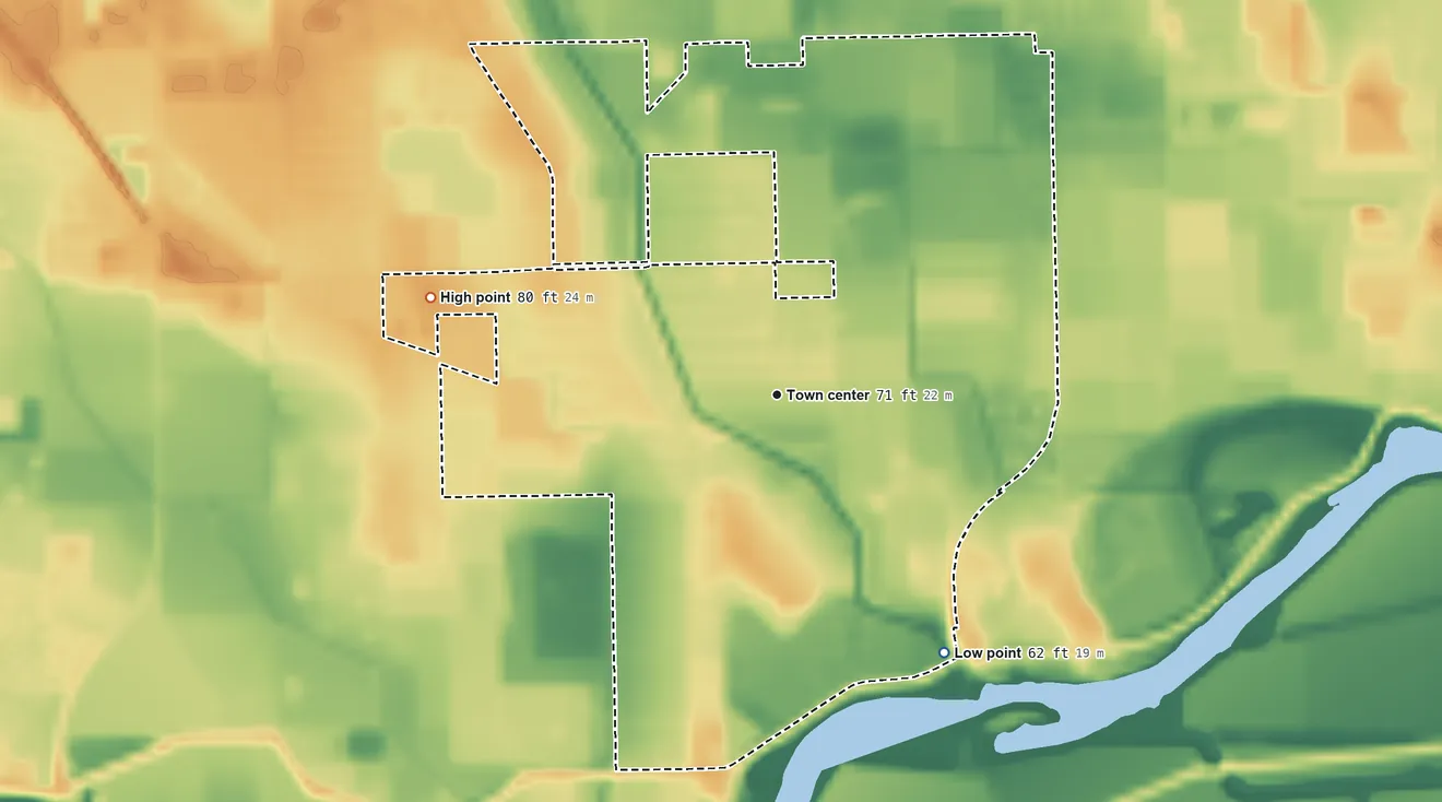 Topographic elevation map of Llano Grande, Texas, shaded from 62 ft on the southeast side to 80 ft on the west side