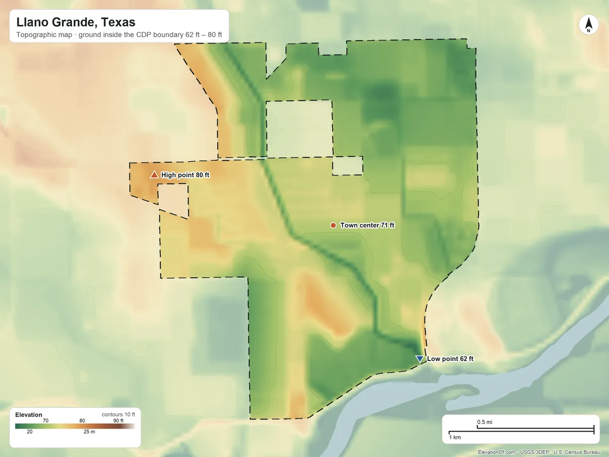 Topographic elevation map of Llano Grande, Texas, shaded from 62 ft on the southeast side to 80 ft on the west side
