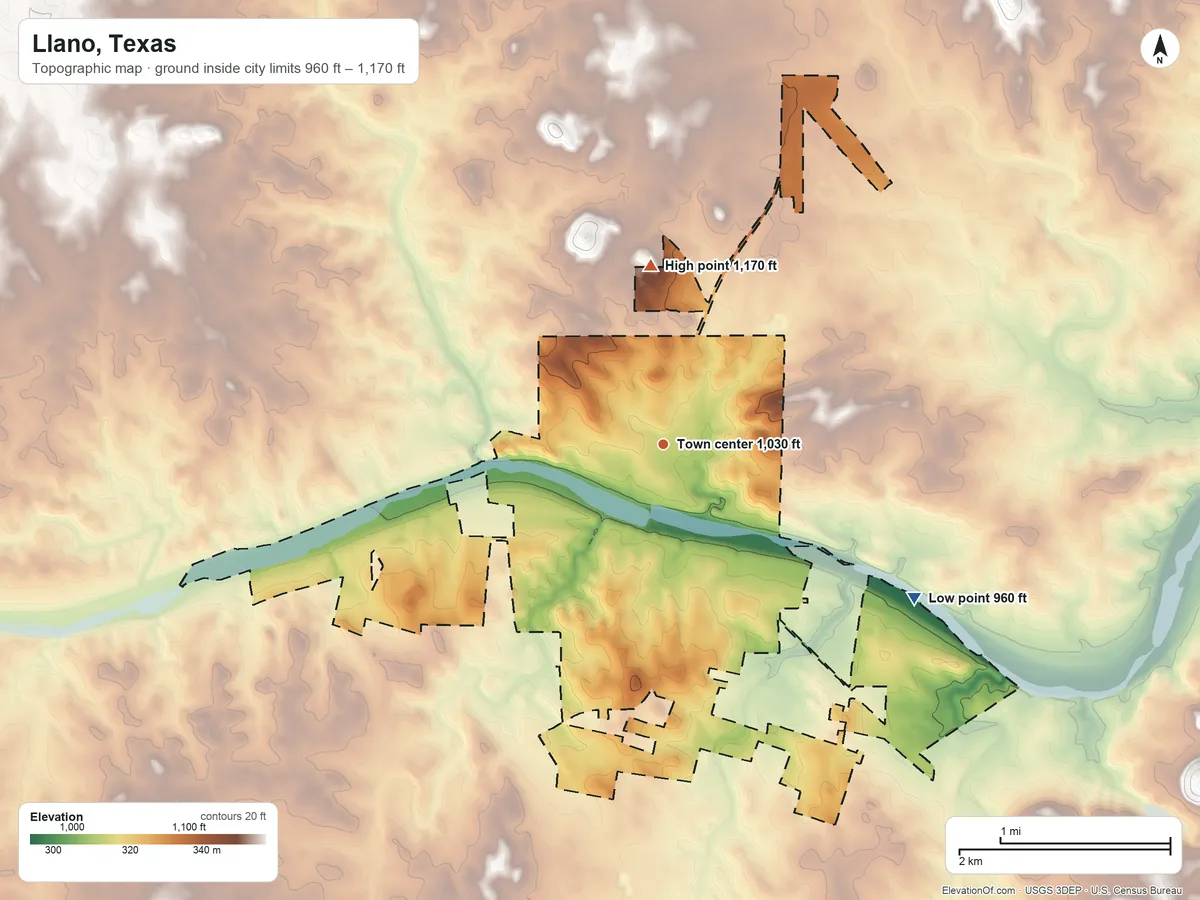 Topographic elevation map of Llano, Texas, shaded from 960 ft on the southeast side to 1,170 ft on the north side