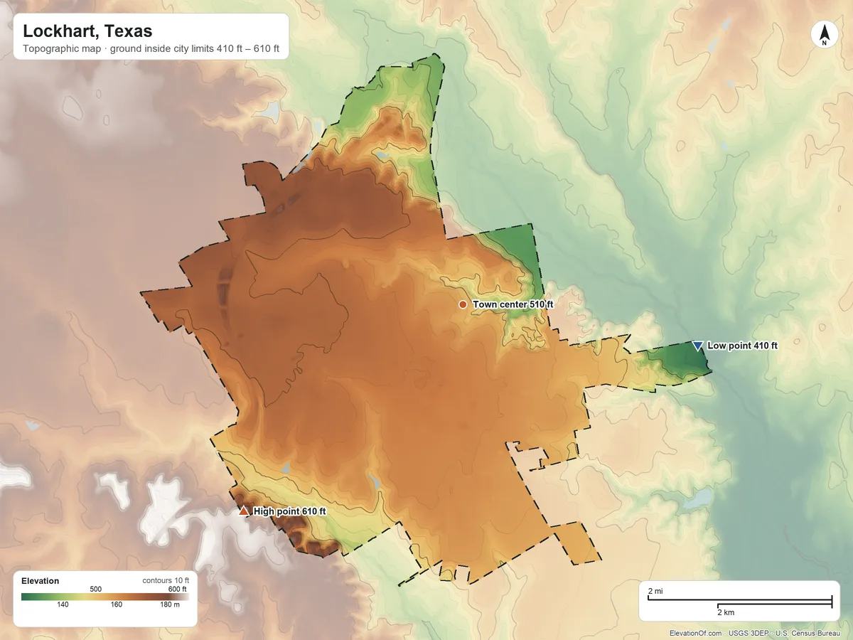 Topographic elevation map of Lockhart, Texas, shaded from 410 ft on the east side to 610 ft on the southwest side