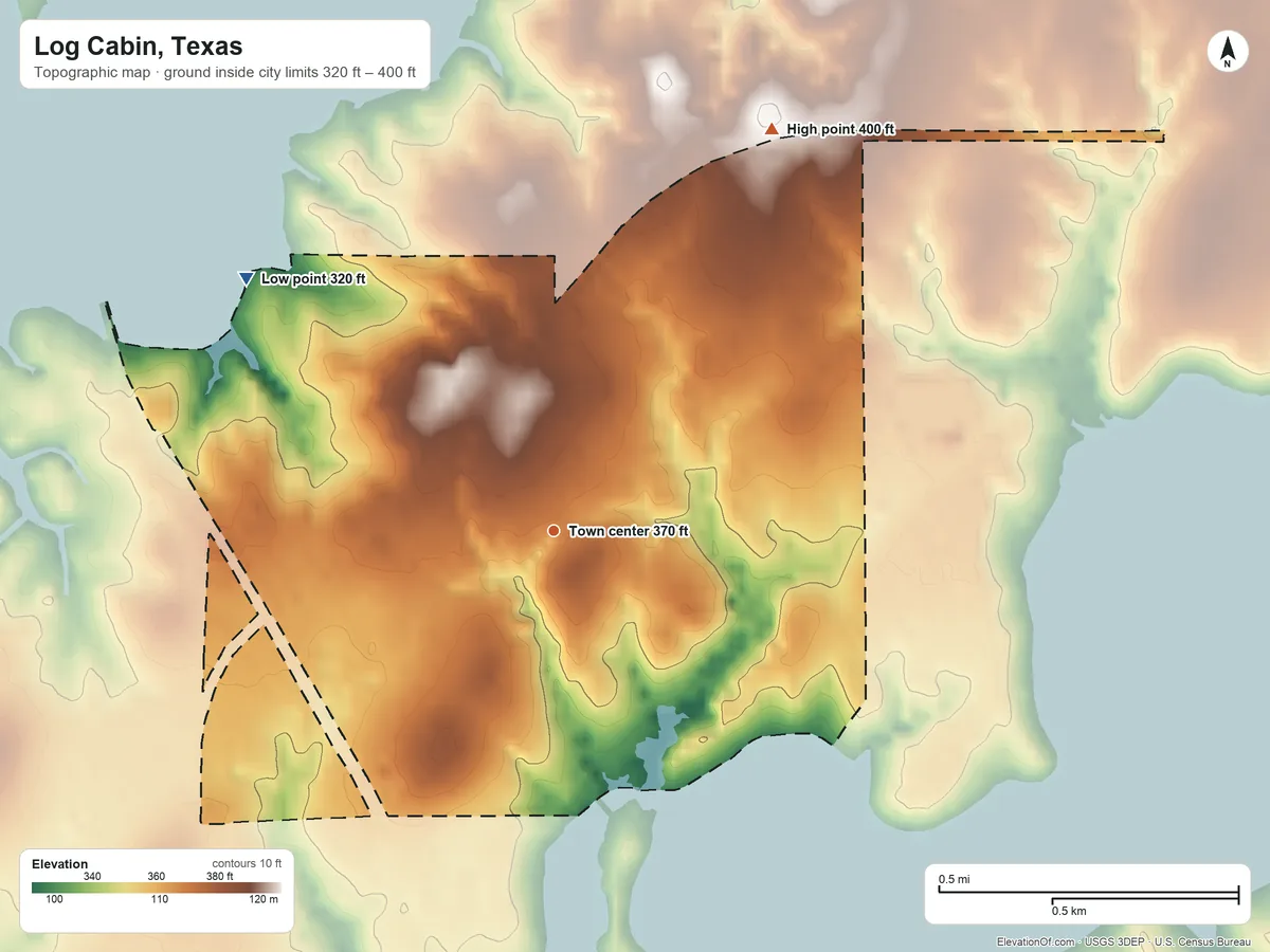 Topographic elevation map of Log Cabin, Texas, shaded from 320 ft on the northwest side to 400 ft on the northeast side