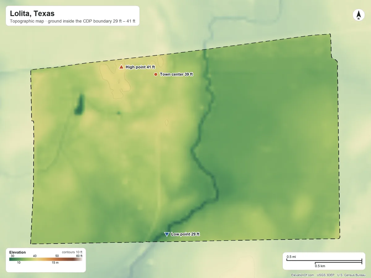 Topographic elevation map of Lolita, Texas, shaded from 29 ft on the south side to 41 ft near the middle