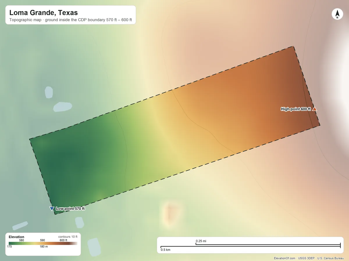 Topographic elevation map of Loma Grande, Texas, shaded from 570 ft on the southwest side to 600 ft on the east side
