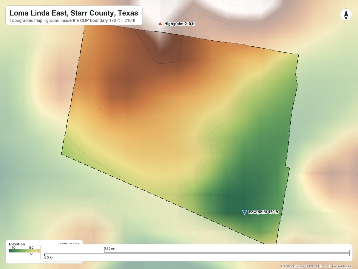 Topographic elevation map of Loma Linda East, Starr County, Texas, shaded from 170 ft on the southeast side to 210 ft on the north side