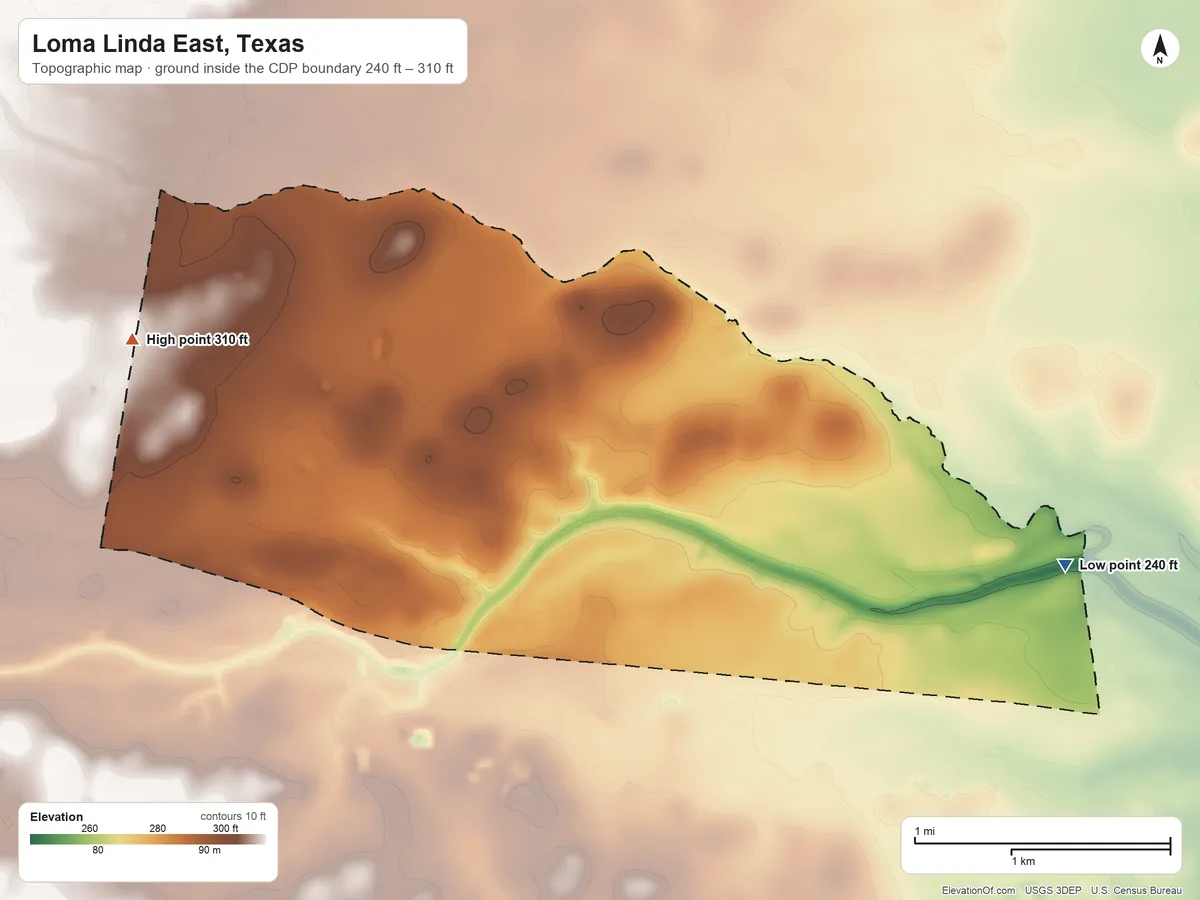 Topographic elevation map of Loma Linda East, Texas, shaded from 240 ft on the east side to 310 ft on the west side