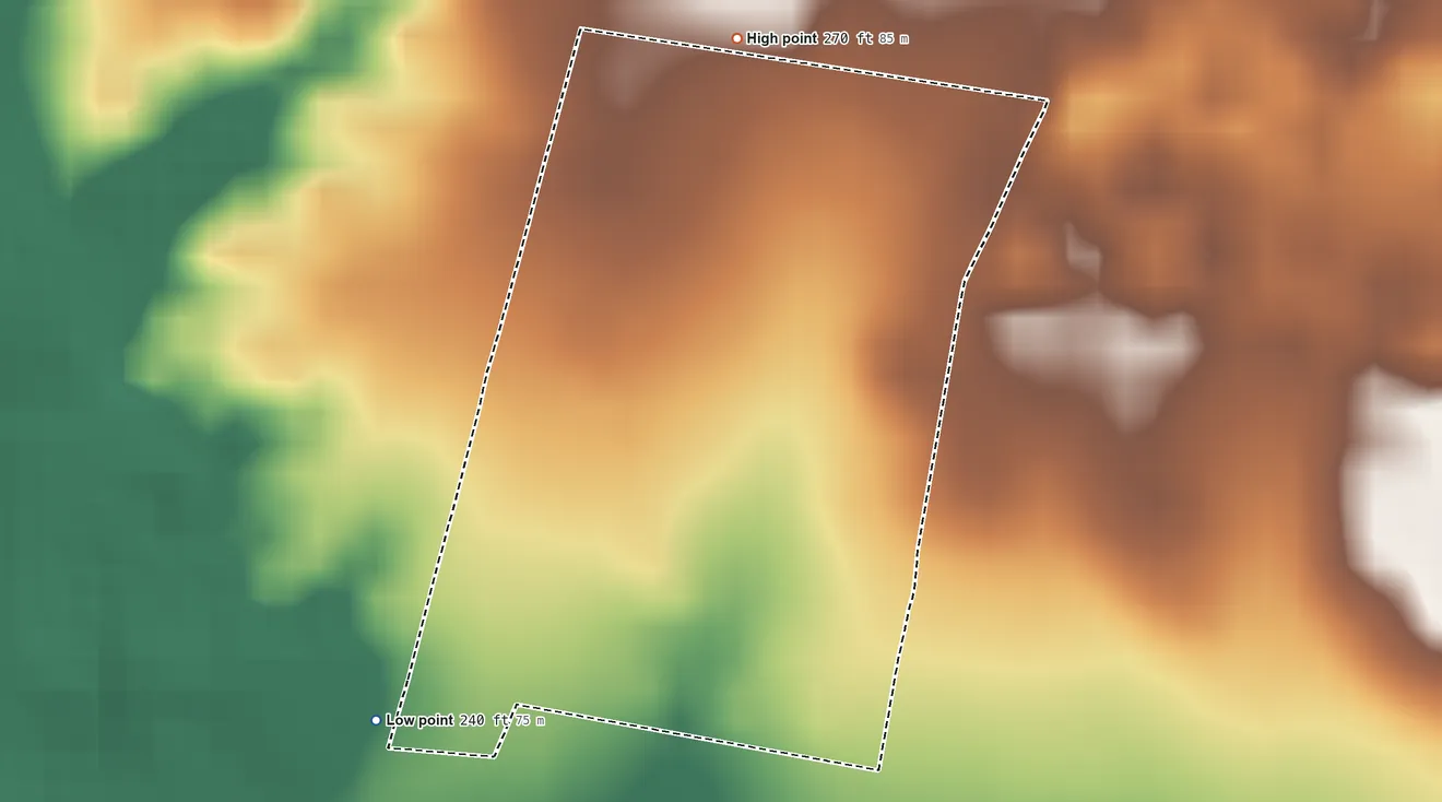 Topographic elevation map of Loma Linda West, Texas, shaded from 240 ft on the southwest side to 270 ft on the north side