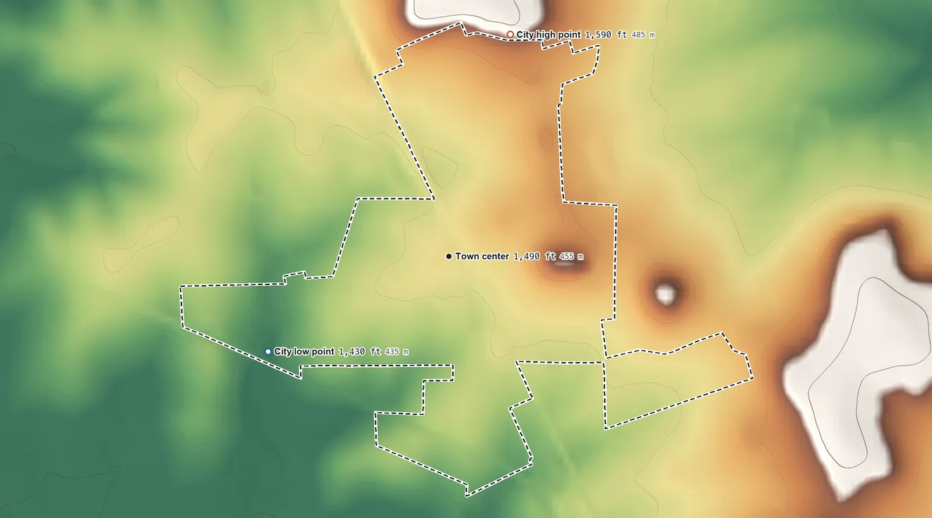 Topographic elevation map of Lometa, Texas, shaded from 1,430 ft on the southwest side to 1,590 ft on the north side