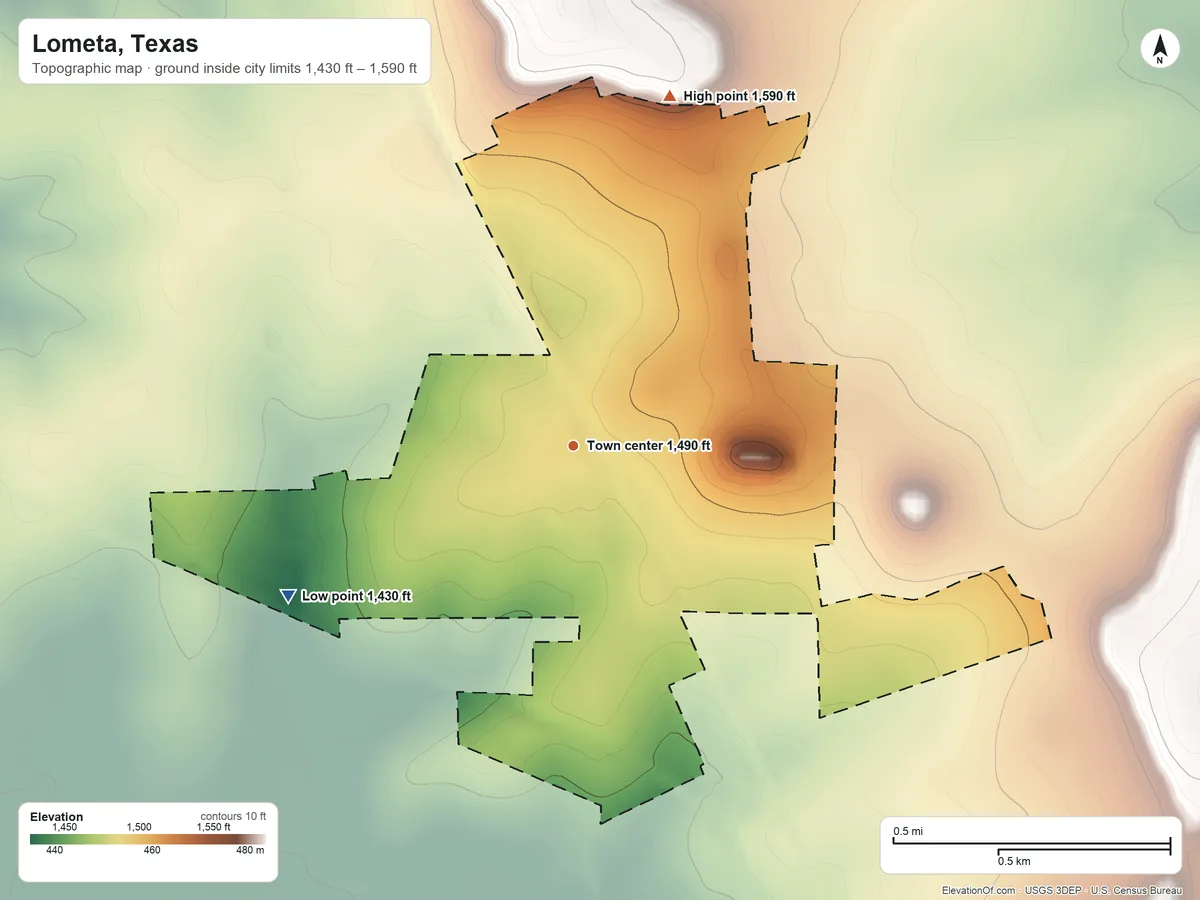 Topographic elevation map of Lometa, Texas, shaded from 1,430 ft on the southwest side to 1,590 ft on the north side