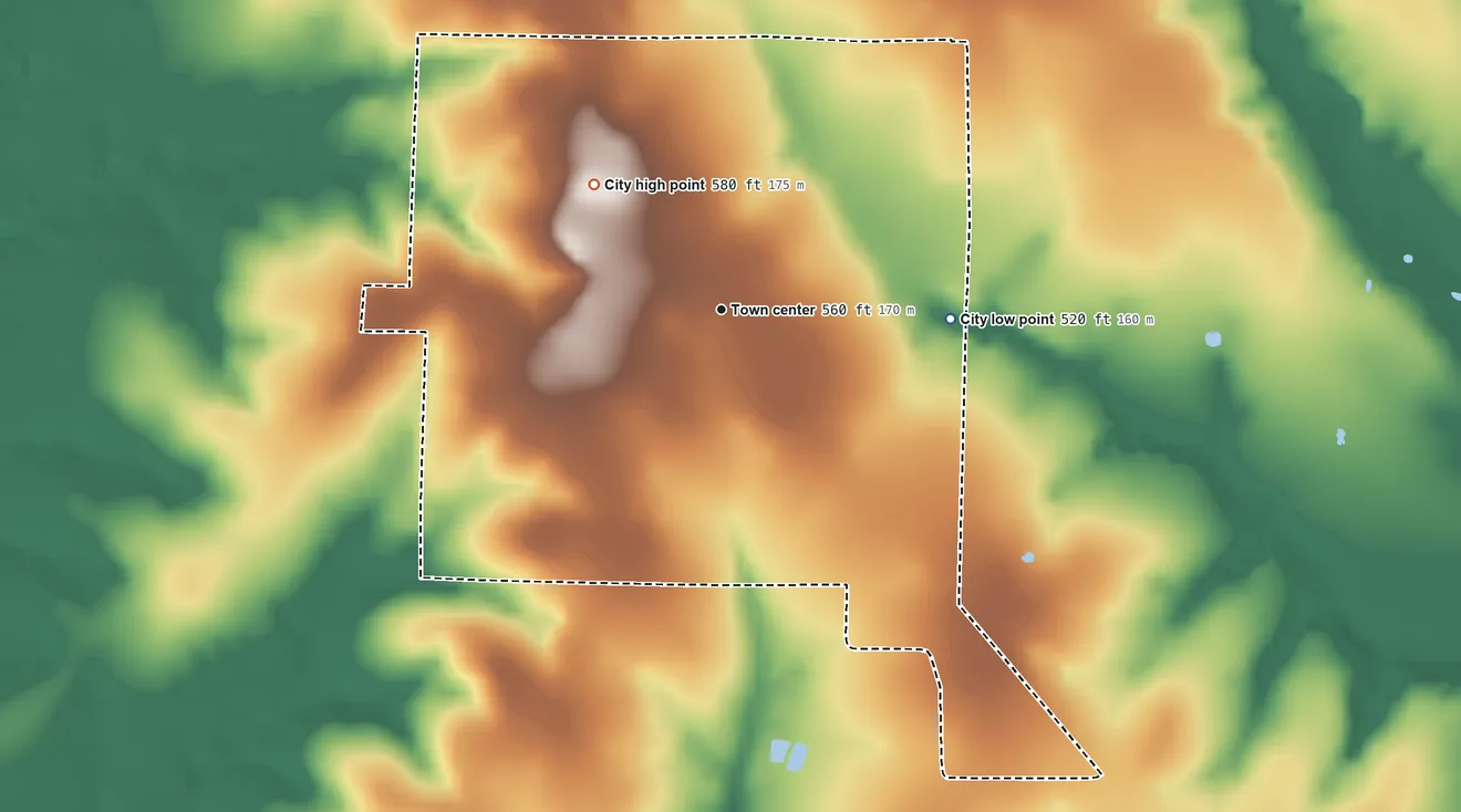 Topographic elevation map of Lone Oak, Texas, shaded from 520 ft on the east side to 580 ft on the northwest side