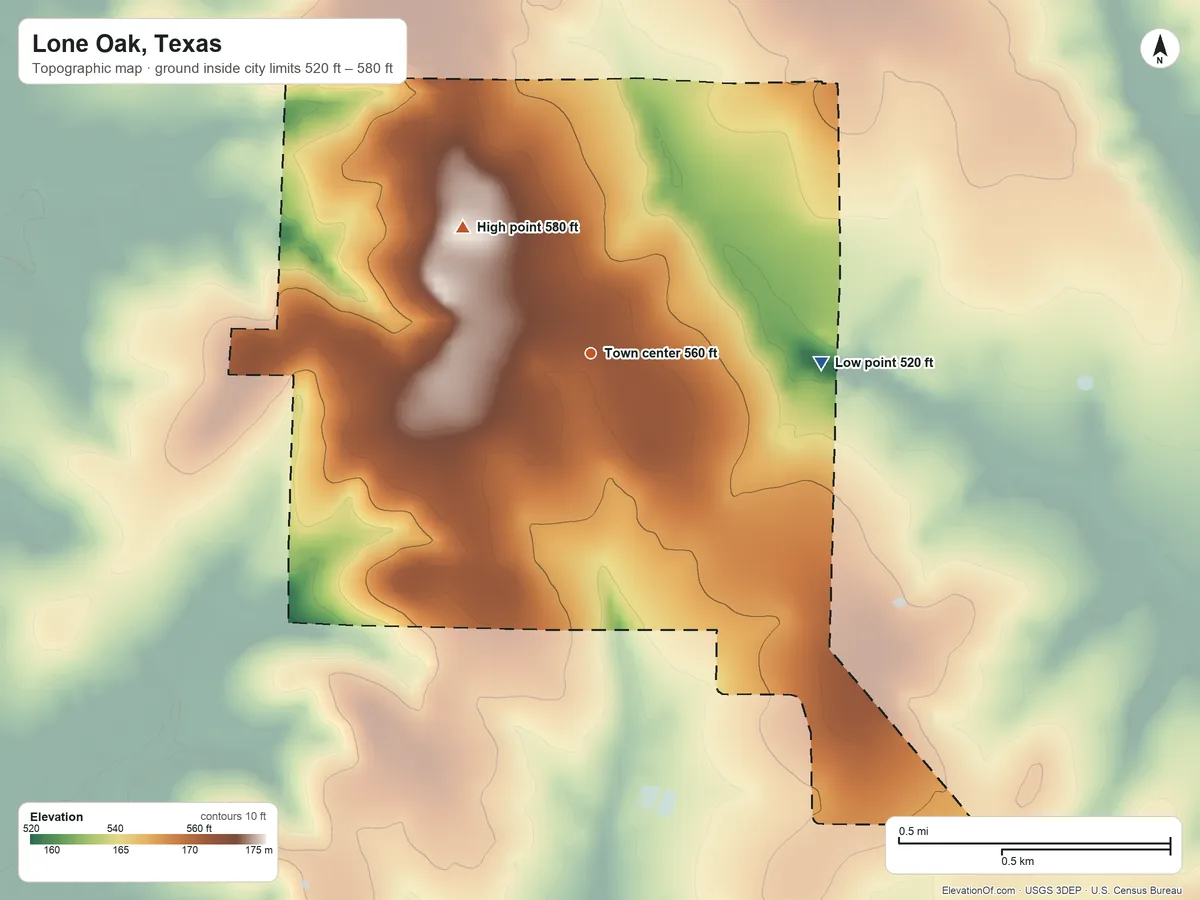 Topographic elevation map of Lone Oak, Texas, shaded from 520 ft on the east side to 580 ft on the northwest side