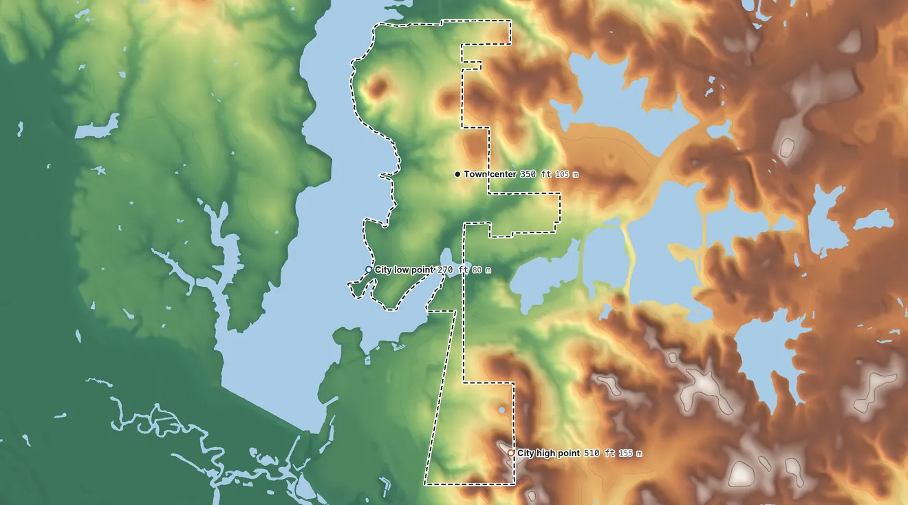Topographic elevation map of Lone Star, Texas, shaded from 270 ft on the southwest side to 510 ft on the south side