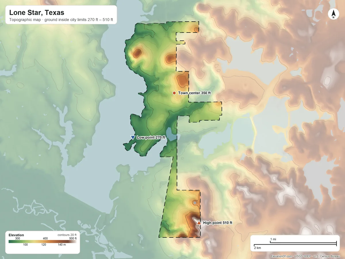 Topographic elevation map of Lone Star, Texas, shaded from 270 ft on the southwest side to 510 ft on the south side