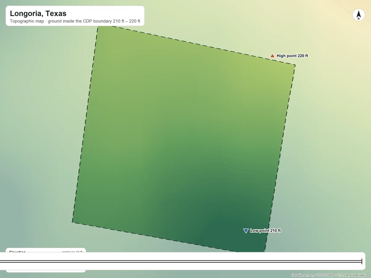 Topographic elevation map of Longoria, Texas, shaded from 210 ft on the southeast side to 220 ft on the northeast side
