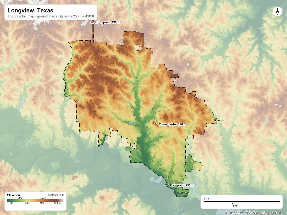 Topographic elevation map of Longview, Texas, shaded from 250 ft on the south side to 490 ft on the northwest side